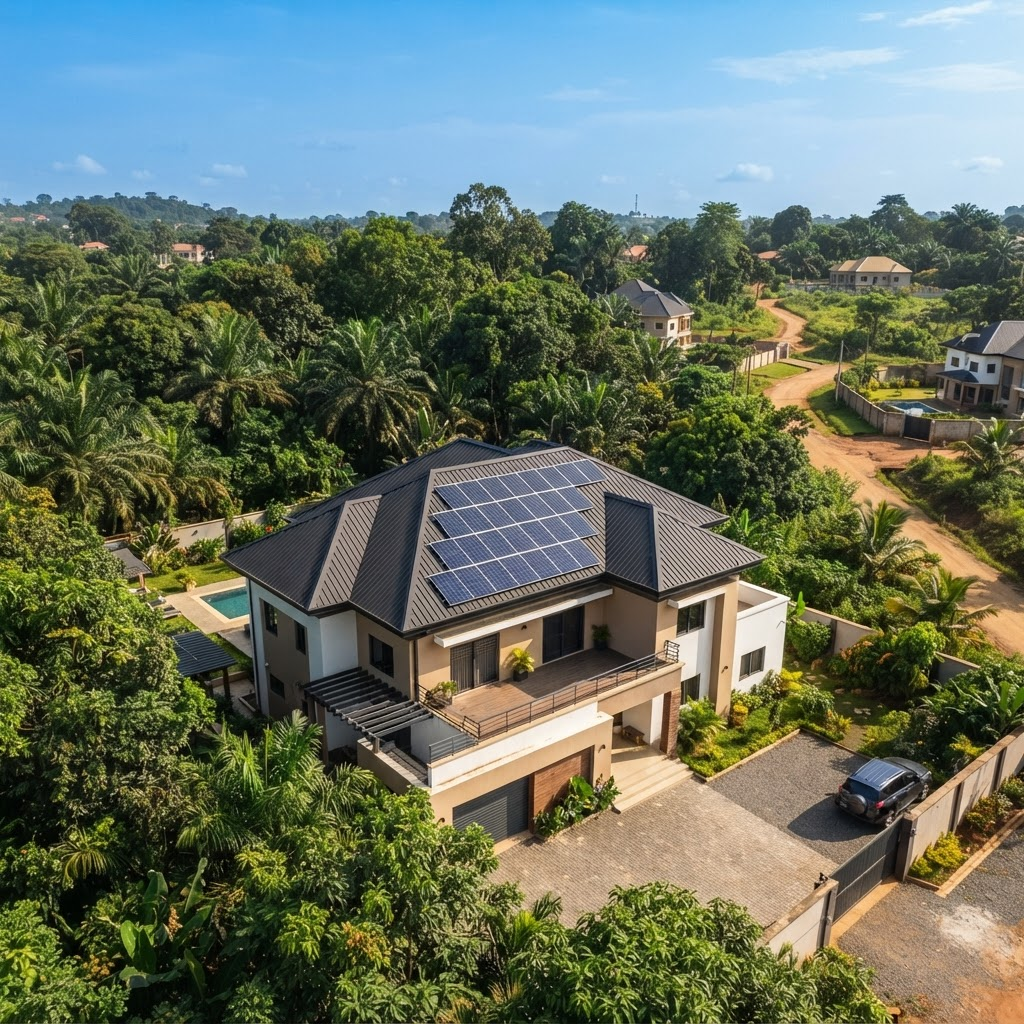 Aerial view of solar panels on a home surrounded by trees