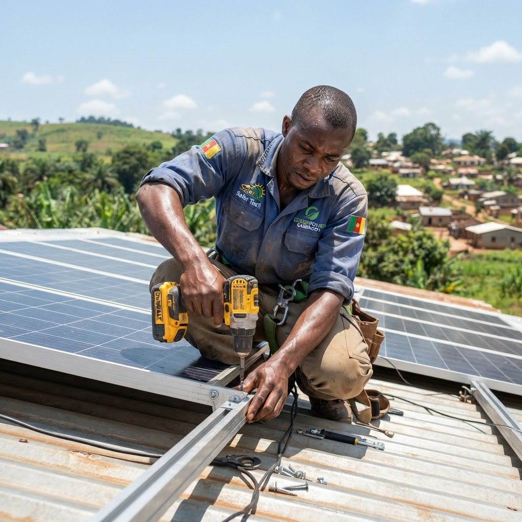 Technician installing a solar panel on a metal roof